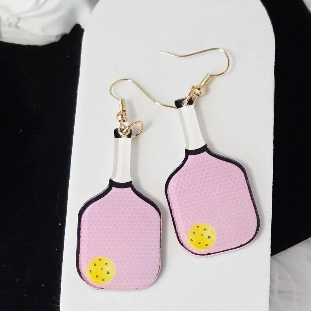 Pink Pickleball Paddle & Ball Dangle Earrings Acrylic Sport Drops Hobby Gift